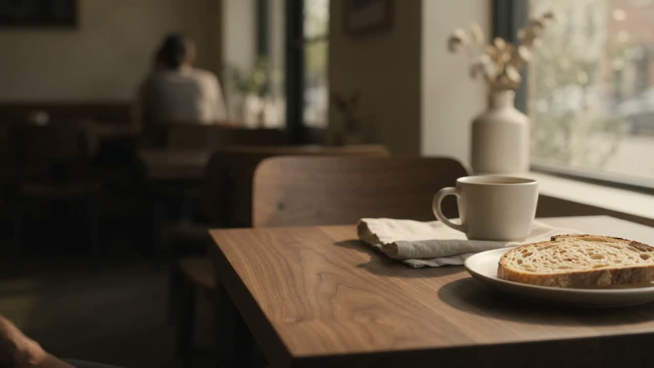 Coffee, toast and a phone set aside on a sunlit café table.