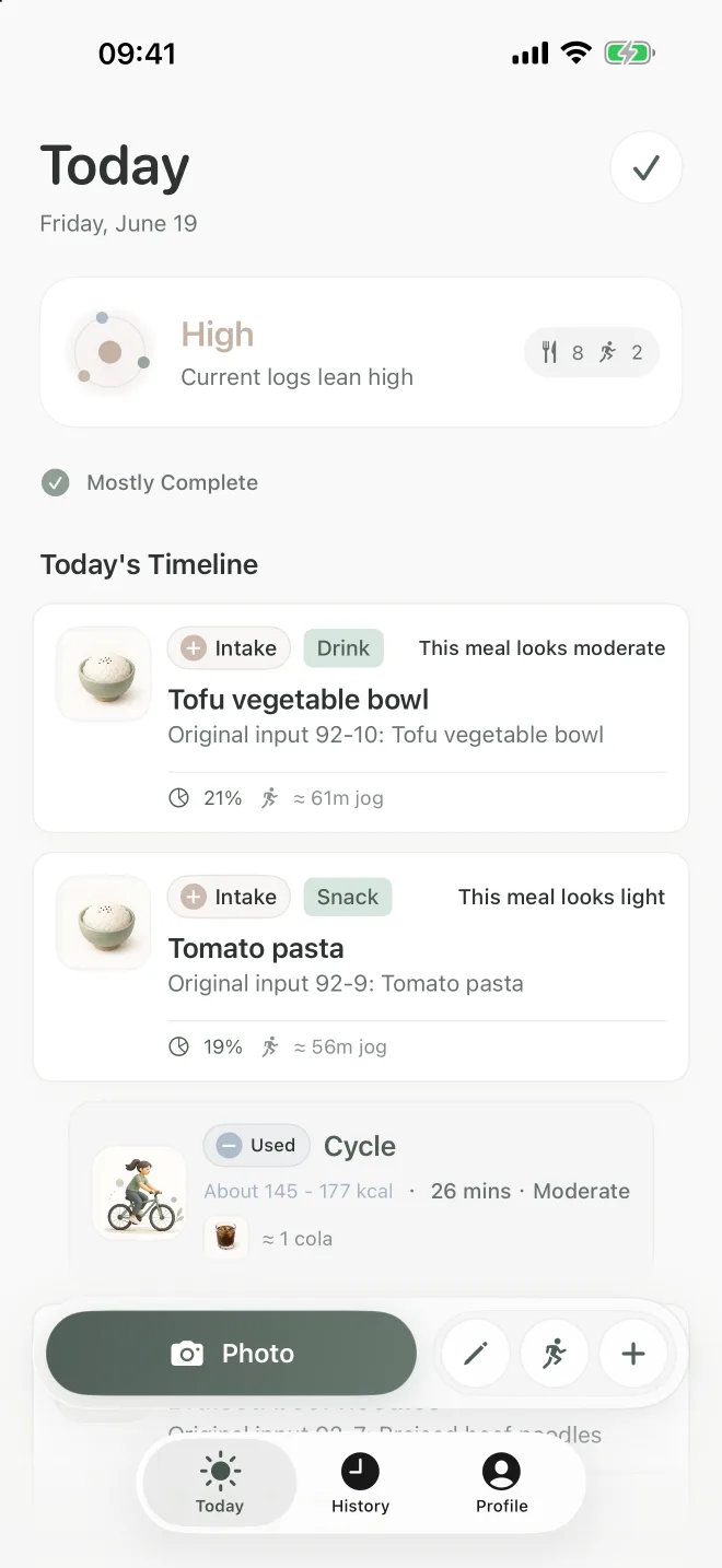 MellowBite Today screen showing a daily energy status and meal timeline.
